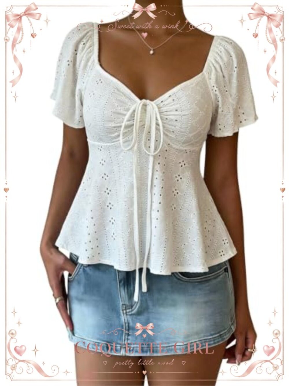 Women's Peplum Babydoll Top Tie Front Eyelet Blouse Short Sleeve